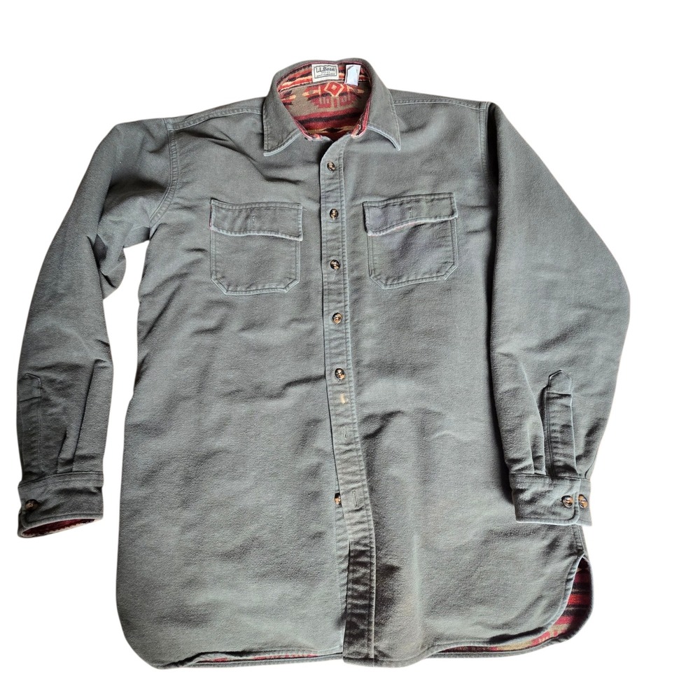 LL Bean Mens Large‎ Tall Olive Green Chamois Cloth Aztec Lined Shirt 0YT61